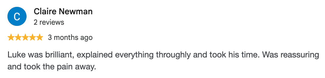 Luke McCabe Screenshot of a 5-star Google review for Chichester Chiropractic Health Centre in West Sussex. 5