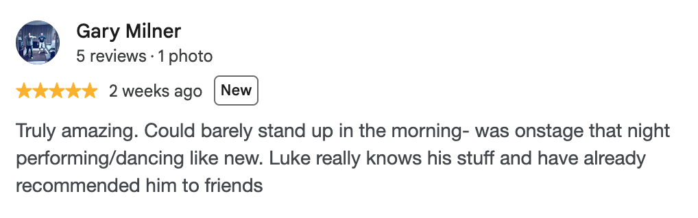 Luke McCabe Screenshot of a 5-star Google review for Chichester Chiropractic Health Centre in West Sussex. 2