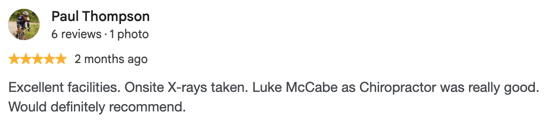 Luke McCabe Screenshot of a 5-star Google review for Chichester Chiropractic Health Centre in West Sussex. 1